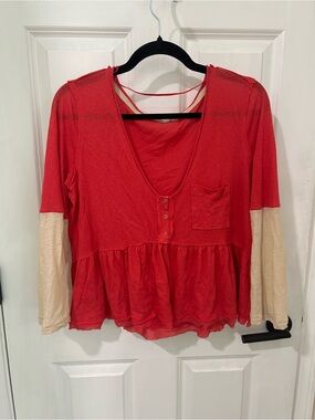 We The Free Red Peplum Long-Sleeve Top with Cream Sleeves